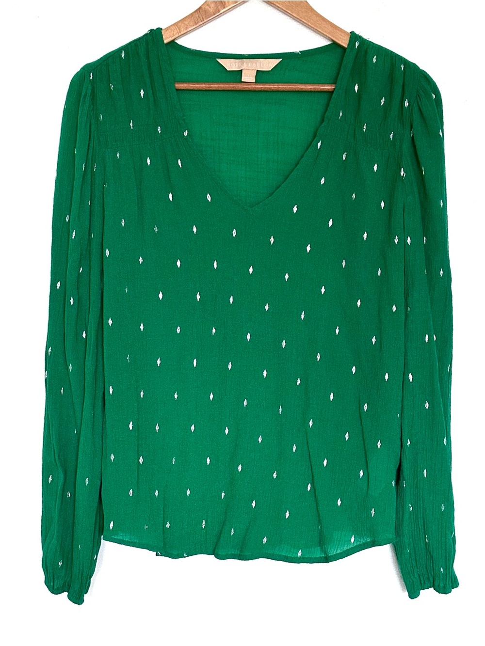 Hope & Harlow Shirt Women’s Large Green Silver Diamond Long Sleeve Sheer V Neck